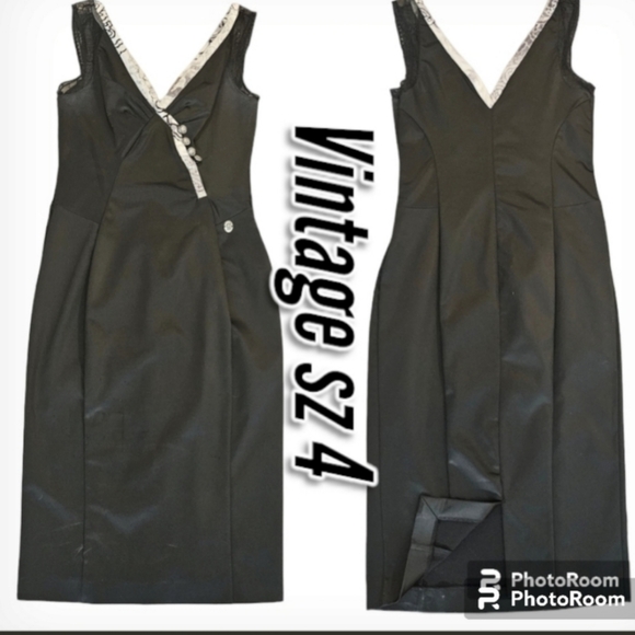 Vintage Dresses & Skirts - John Galliano Vintage Black Pencil Fitted satin sleevless V-neck Cocktail Dress